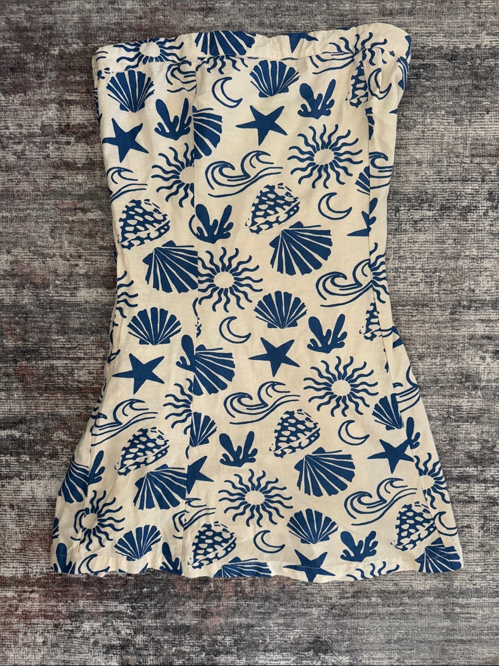 Jessica Simpson Strapless Dress in Blue Shell Print on Cream